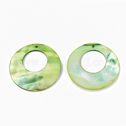 天然淡水シェルのペンダント  フラットラウンド  染め  薄緑  44~45x3~4mm  穴：1.6mm&nbsp;X-SSHEL-R048-017A