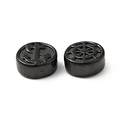 304ステンレススチールビーズ  アンカー模様を持つフラットラウンド  電気泳動黒  10.5x4.5mm  穴：1.6mm&nbsp;STAS-C055-03EB