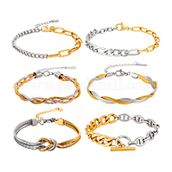 6 шт. 6 стиля браслетов-цепочек из нержавеющей стали/латуни для женщин&nbsp;BJEW-PH0004-52