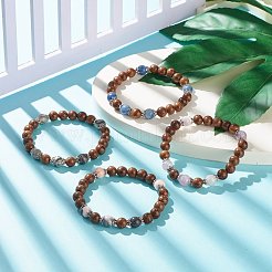 Bracciale elasticizzato da donna con perline rotonde in legno wengé naturale e pietre preziose&nbsp;BJEW-JB07935