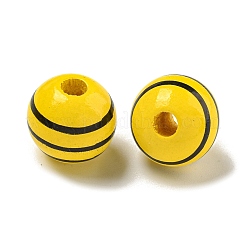 プリントウッドヨーロピアンビーズ  縞模様の丸い  ゴールド  15.5~16mm  穴：4~4.5mm&nbsp;WOOD-G022-14E