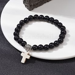 Эластичный браслет с круглыми бусинами из синтетического черного камня&nbsp;BJEW-JB09745-02