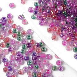 8/0 perles de rocaille en verre, trou rond, ronde, couleurs intérieures transparentes arc-en-ciel et lustre, couleur mixte, 8/0, 3~3.5x2~3mm, Trou: 0.8mm, environ 15000 pcs / sachet , environ 450 g /sachet 