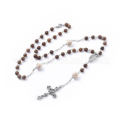 Collane di perle di rosario in lega stile tibetano, con perle di legno e 304 catena rolo in acciaio inossidabile, argento antico e colore acciaio inox, 23.6 pollice (60 cm)