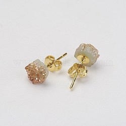 Pendientes de perlas de cristal de cuarzo druzy, con fornituras de latón, dorado, 16~18x7~8mm, pin: 0.8 mm