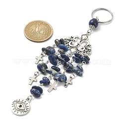 Porte-clés rond plat avec pendentif en alliage pour les yeux, avec des perles de lapis-lazuli naturelles et des breloques croisées, pour les femmes sac clé de voiture pendentif décoration, 15.2x2.9 cm