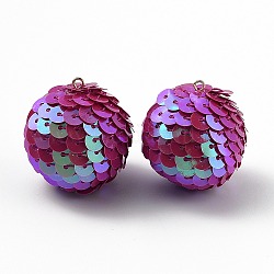 Décorations de pendentif en plastique paillette scintillante, de couleur plaquée ab , forme de boule, fuchsia, 30x29mm, Trou: 2mm