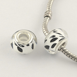 Large Hole Spot Pattern Acrylic European Beads, with Silver Tone Brass Double Cores, Rondelle, White, 14x9mm, Hole: 5mm