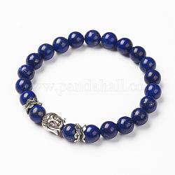 Bracelets extensibles en lapis-lazuli naturel (teints), bracelets extensibles perlés, avec des perles de style tibétain, tête de bouddha, argent antique, 2-1/4 pouce (56 mm)
