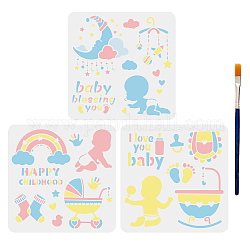 MAYJOYDIY 3pcs Baby Theme Stencils Template 11.8×11.8inch Rainbow Moon Baby Bottle Stroller Pattern with Paint Brush Reusable Drawing Painting Stencils for Wood Floor Wall DIY Art Craft Home Decor