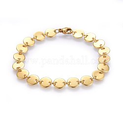 304 Stainless Steel Links Bracelets, with Lobster Claw Clasps, Flat Round, Golden, 7-1/2 inch(19cm), 8mm