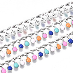 Brass Link Chains, with Enamel Teardrop Charms, Long-Lasting Plated, Soldered, Colorful, Platinum, Teardrop: 7x5.5x1.5mm