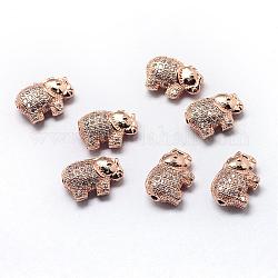 Perles de zircone cubique de placage de rack en laiton, Plaqué longue durée, éléphant, or rose, 9.5x13.5x5mm, Trou: 1.5mm