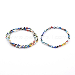 Colorful Evil Eye Lampwork Stretch Beaded Bracelets Sets, with Electroplate Non-magnetic Synthetic Hematite Beads, Round & Cube, Mixed Color, Inner Diameter: 2-3/8 inch(6cm), 3pcs/set