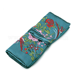 Rechteckige Retro-Reißverschluss-Rolltaschen aus Seide, Stickerei-Blumen-Schmuck-Aufbewahrungstaschen mit Kordelzug, blaugrün, 20x9 cm, offen: 27x20cm