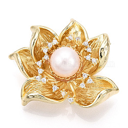 Natural Pearl Flower Brooches for Women, Brass Pave Cubic Zirconia Pins, Real 14K Gold Plated, 29.5x36x18mm