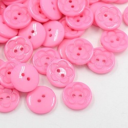 Botones de acrílico de costura para el diseño de ropa, Botones de plástico, 2 agujero, teñido, plano y redondo con estampado de flores, rosa, 16x3mm, agujero: 1 mm