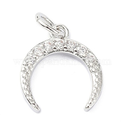 Brass Cubic Zirconia Charms, with Jump Ring, Long-Lasting Plated, Lead Free & Cadmium Free, Double Horn/Crescent Moon, Real Platinum Plated, 13x11.5x2mm