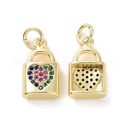 Brass Micro Pave Colorful Cubic Zirconia Charms, with Jump Ring, Lock with Heart, Real 18K Gold Plated, 14x8.5x4mm, Hole: 3.2mm