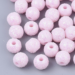 Perles acryliques opaques, avec de la poudre de paillettes, ronde, rose, 8.5x7mm, Trou: 2mm
