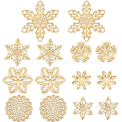 Kit per la ricerca di gioielli fai da te di sunnyclue, inclusi 84 pz 7 stili di perline di ferro cappucci e pendenti e falegnami in filigrana, abbellimenti in metallo acidato, fiore e fiocco di neve, oro, 28~45x28.5~42x0.5~3mm, Foro: 1.5~3 mm, 12pcs / style