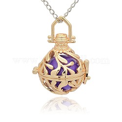 Golden Tone Brass Hollow Round Cage Pendants, with No Hole Spray Painted Brass Round Ball Beads, Medium Purple, 36x25x21mm, Hole: 3x8mm