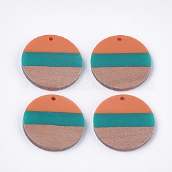 Colgantes de resina tricolor y madera de nogal, plano y redondo, naranja, 28x3.5mm, agujero: 2 mm
