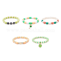 Saint Patrick's Day Freshwater Pearl & Handmade Polymer Clay Heishi Stretch Bracelets Sets, Clover & Wine Cup Alloy Enamel Charm Bracelets for Women, Mixed Color, Inner Diameter: 2 inch(5~5.2cm), 5pcs/set