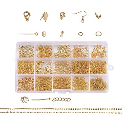 Metal Jewelry Findings Kits, with Iron Head /Eye Pins, Folding Crimp Ends, Bead Tips Knot Covers/Ribbon Ends/Twist Chain Extensions, Alloy Lobster Claw Clasps, Brass Chains and Earring Hooks, Golden, 6~22x1~7mm