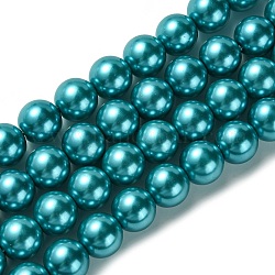 Hebras de perlas de vidrio ecológicas, Grado A, redondo, teñido, cordón de algodón rosca, cielo azul profundo, 14mm, agujero: 1.2~1.5 mm, aproximamente 30 pcs / cadena, 15.7 pulgada