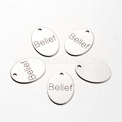 Spray Painted Stainless Steel Pendants, Oval with Word Belief, Stainless Steel Color, 30x22x1mm, Hole: 3mm