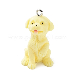 Pendentifs chien en résine opaque, Breloques chiot 3d avec boucles en fer plaqué platine, champagne jaune, 31x17.5x18mm, Trou: 1.8mm