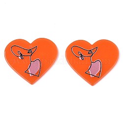 Pendenti in acetato di cellulosa traslucido (resina), 3d stampato, cuore con donna, arancio rosso, 33x37x2.5mm, Foro: 1.5 mm