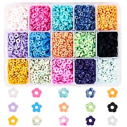 Handgemachte Polymer-Lehm-Korn-Stränge, Blume, Mischfarbe, 4~6x4~6x1~1.5 mm, Bohrung: 2 mm, 15colors, über 430pcs / Farbe, 6450 Stück / Karton