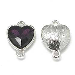 Conectores de enlaces de vidrio de aleación, facetados, corazón, Platino, púrpura, 19.5x14x6.5mm, agujero: 1.5 mm