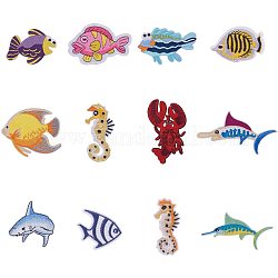 Nbeads 24 pcs créatures marines fer sur patchs, poisson requin homard hippocampe rayonne patchs de broderie appliques patchs de réparation décoratifs pour jeans t-shirt chapeau veste sac accessoires de vêtement