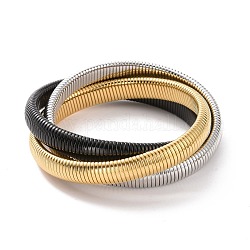304 Stainless Steel Interlocking Flat Snake Chains Bracelet, Triple Rows Stretch Intertwined Bracelet for Women, Electrophoresis Black & Stainless Steel Color, Inner Diameter: 2-1/2 inch(6.4cm)