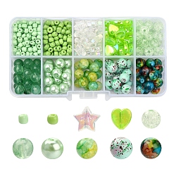 Kit de búsqueda de joyería de cuentas de diy, incluyendo piedras preciosas de imitación y perlas y crujidos y estrellas y corazones y cuentas redondas de acrílico y vidrio, verde, 4~10x3~8.5mm, agujero: 1~2 mm, 708 unidades / caja