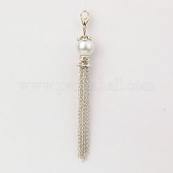 Perle di vetro decorazioni ciondolo nappa, con catene di ferro, perle di strass in ottone e lega di aragosta artiglio fermagli, bianco, 90~95mm