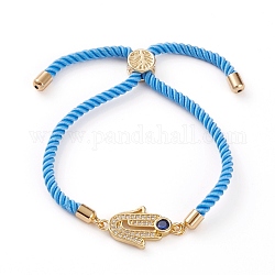 Bracelets coulissants ajustables à cordon torsadé en nylon, bracelets fins et chaînes, avec des maillons en zircone cubique micro pavés en laiton et des perles en laiton, Hamsa main, or, bleu ciel, diamètre intérieur: 1/4~2-3/8 pouce (0.7~6 cm)