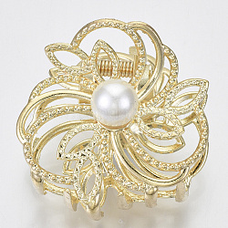 (Holiday Stock-Up Sale)Alloy Claw Hair Clips, with ABS Plastic Imitation Pearl, Long-Lasting Plated, Textured, Flower, Light Gold, White, 46x47x36mm