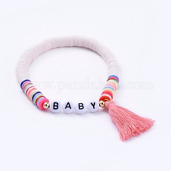 Bracelets élastiques faits à la main de perles heishi en pâte polymère, avec des perles en acrylique et des pampilles en fil de coton, pour la fête des mères, bébé, colorées, 2 pouce (5.2 cm)
