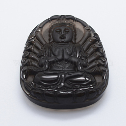 Carved Natural Obsidian Guan Yin Big Pendants, Goddess of Mercy, 58x45x11.5mm, Hole: 1.5mm
