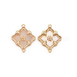 Natural Freshwater Shell Link Connectors, with Brass Findings, Nickel Free, Square with Flower, Real 18K Gold Plated, 13.5x17x2.5mm, Hole: 0.9mm