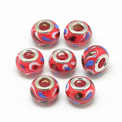 Perles européennes vernissées manuelles, avec doubles noyaux de cuivre, Perles avec un grand trou   , rondelle, couleur argentée, rouge, 14~15x10~11mm, Trou: 5mm
