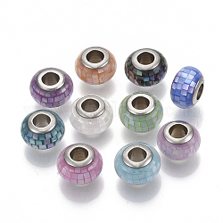 Shell European Beads, with Epoxy Resin and Brass Cores, Large Hole Beads, Rondelle, Platinum, Mixed Color, 12x8mm, Hole: 5mm