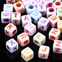 Perline acrilico opaco, cubo con alfabeto, lettere miste casuali, 6x6x6mm, Foro: 3 mm, circa 2995pcs/500g