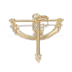 Brass Micro Clear Cubic Zirconia Pendants, Long-Lasting Plated, Bow and Arrow, Real 18K Gold Plated, Bow: 10x20x2.5mm, Arrow: 17.5x4x1.5mm, Hole: 3.5mm