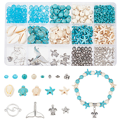 Nbeads DIY Jewelry Making Finding Kit, Including Synthetic Turquoise & Glass Beads, Shell & Alloy Links Connectors, Alloy Beads & Pendants & Tube Bails, Turtle & Whale Tail & Starfish, Mixed Color, 466Pcs/box
