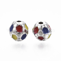 Perles en laiton, avec l'émail, ballon de football / soccer, sans nickel, Platine plaqué réel, 7.5mm, Trou: 1.6mm